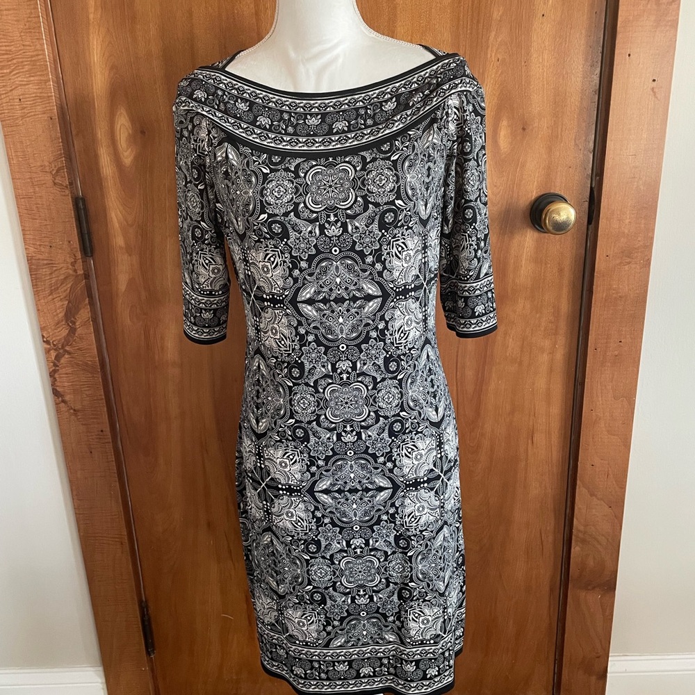 Max Studio Black and White Patterned Boatneck Midi Dress
